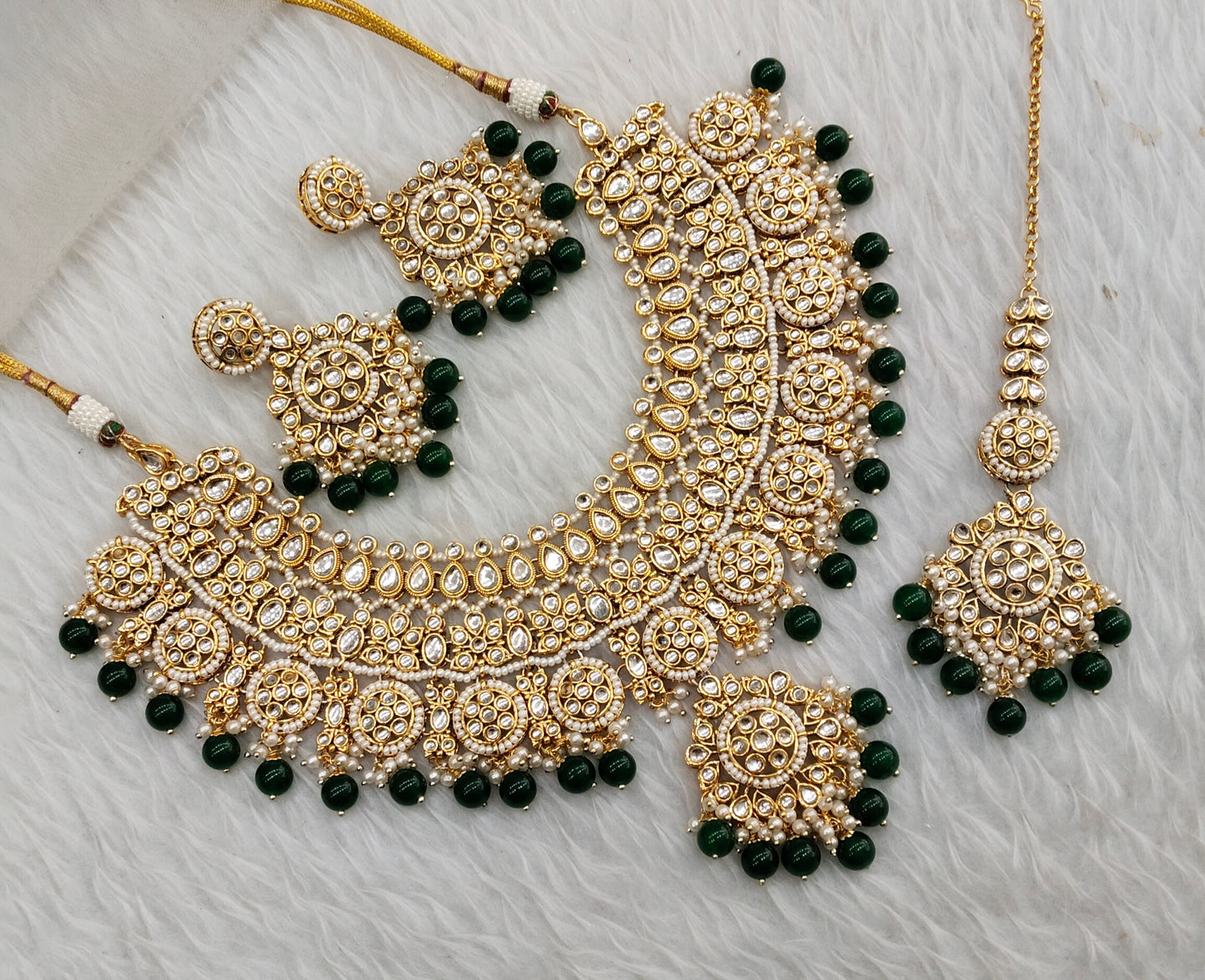 Green Gold Kundan Necklace Jewellery Resham Set