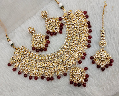 Maroon Gold Kundan Necklace Jewellery Resham Set