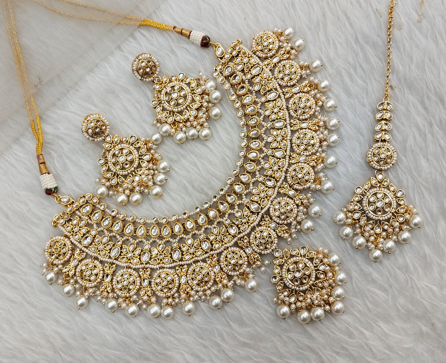 White Gold Kundan Necklace Jewellery Resham Set