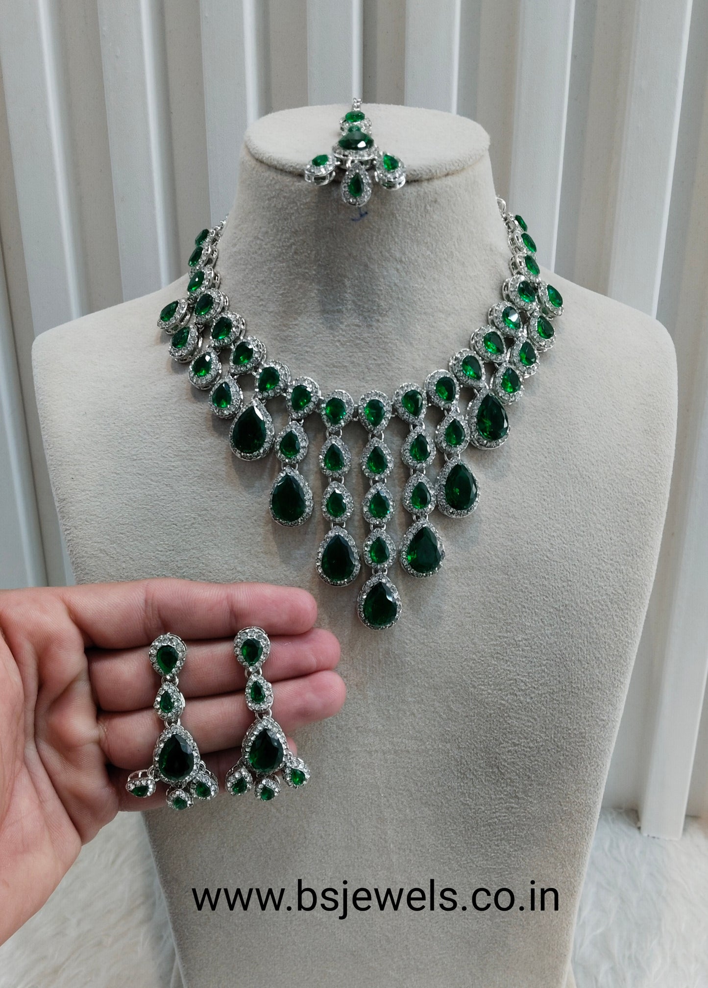 Green Silver Zircon Necklace Jewellery Shami Set