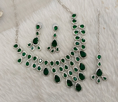 Green Silver Zircon Necklace Jewellery Shami Set