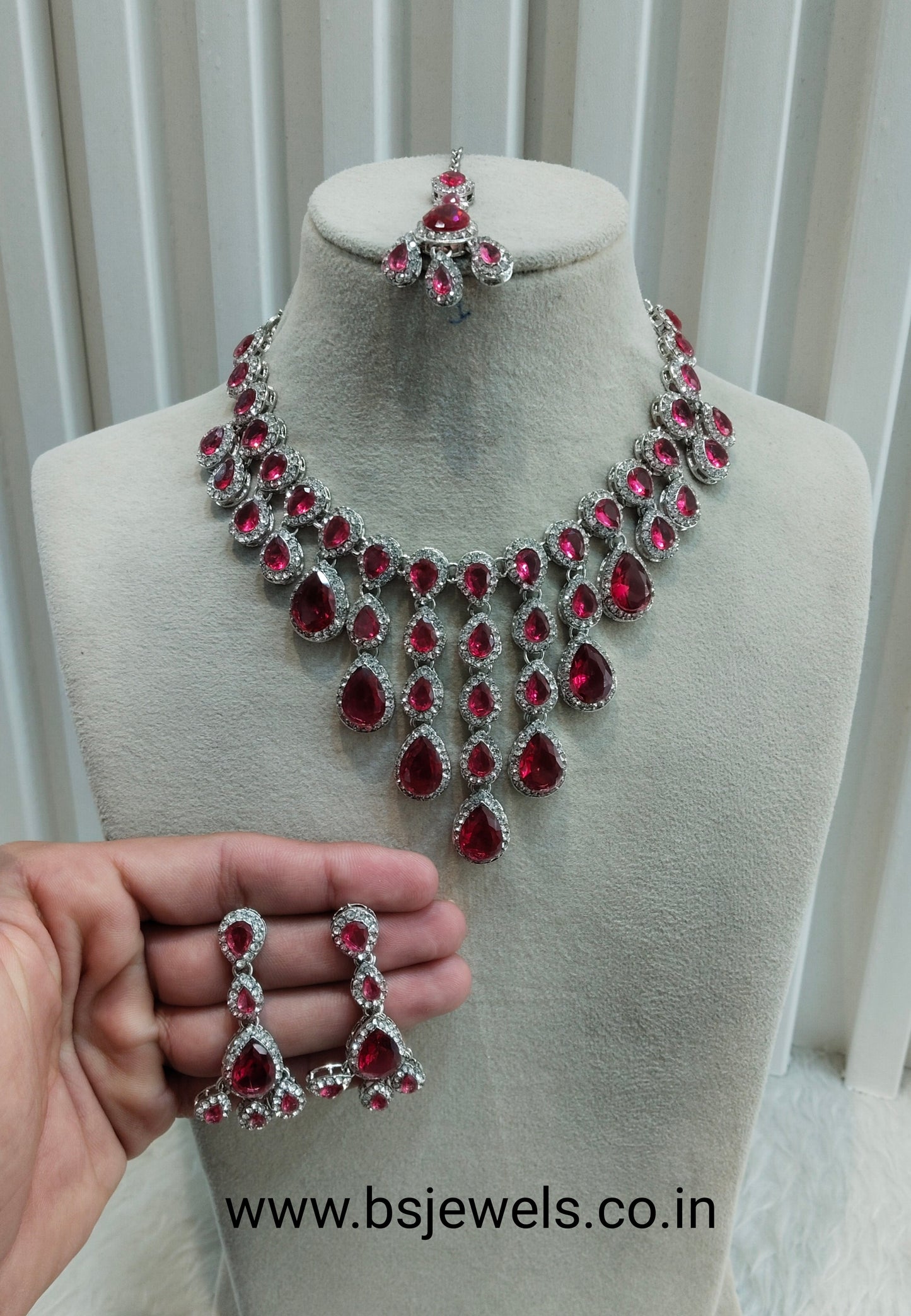 Ruby Silver Zircon Necklace Jewellery Shami Set