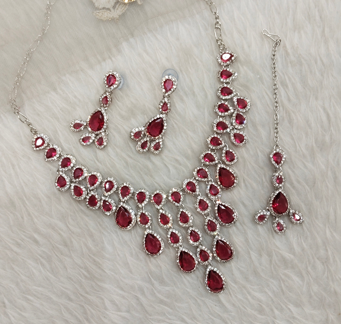 Ruby Silver Zircon Necklace Jewellery Shami Set