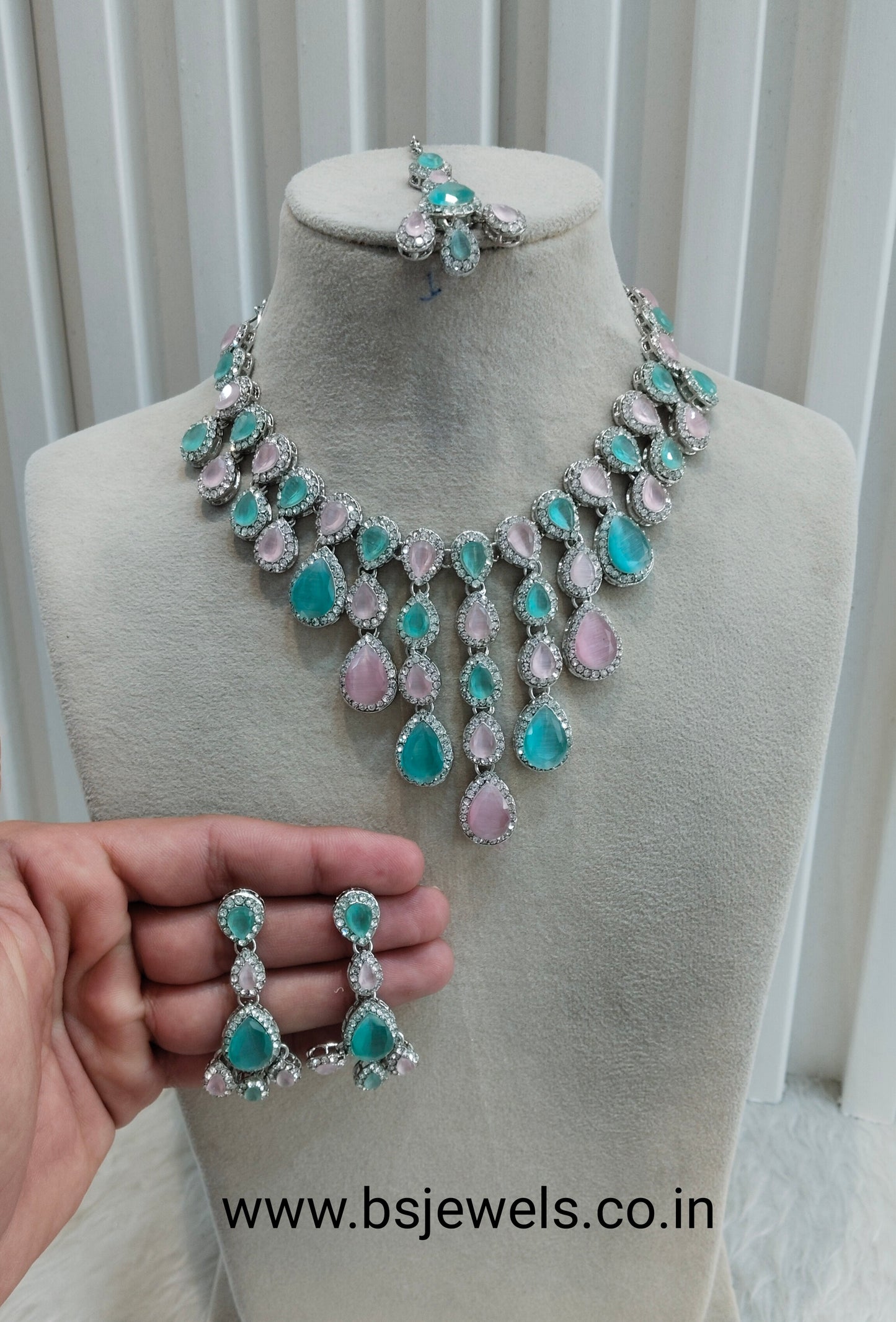 Mint Pink Silver Zircon Necklace Jewellery Shami Set