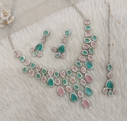 Mint Pink Silver Zircon Necklace Jewellery Shami Set