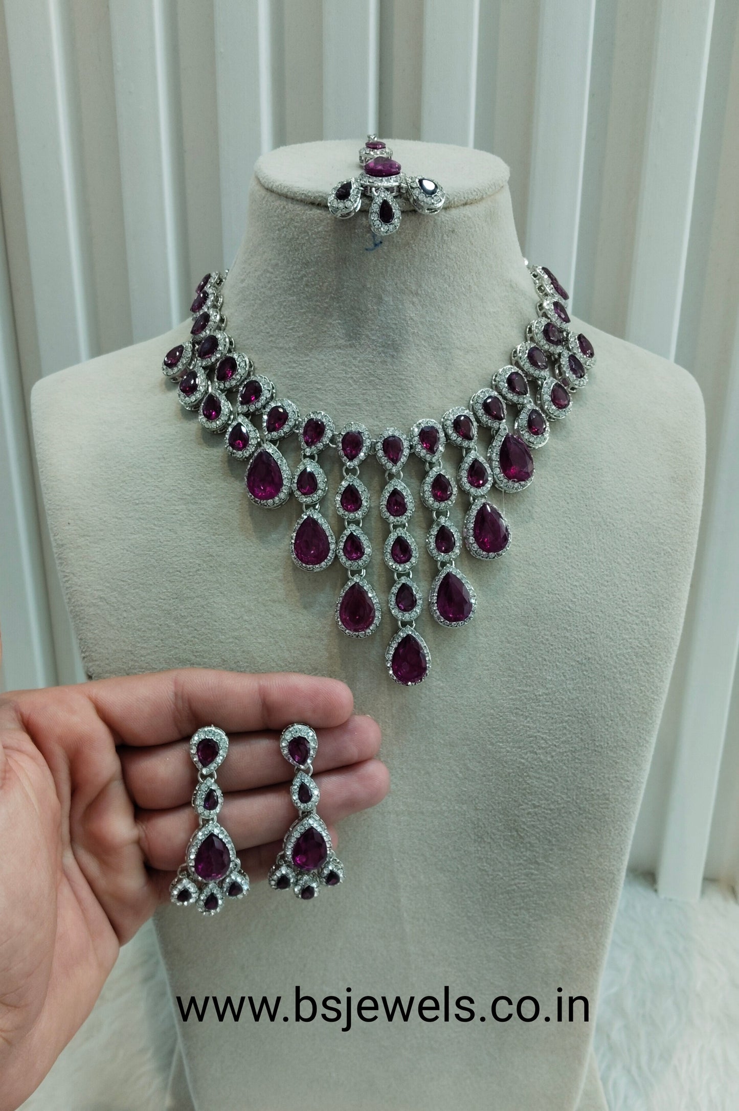 Purple Silver Zircon Necklace Jewellery Shami Set
