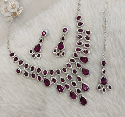 Purple Silver Zircon Necklace Jewellery Shami Set