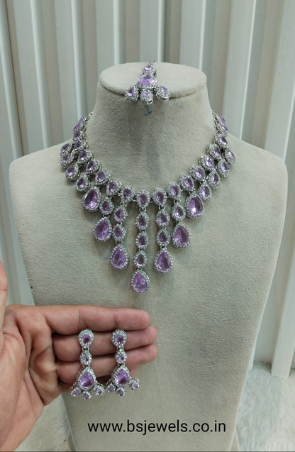 Lavender Silver Zircon Necklace Jewellery Shami Set