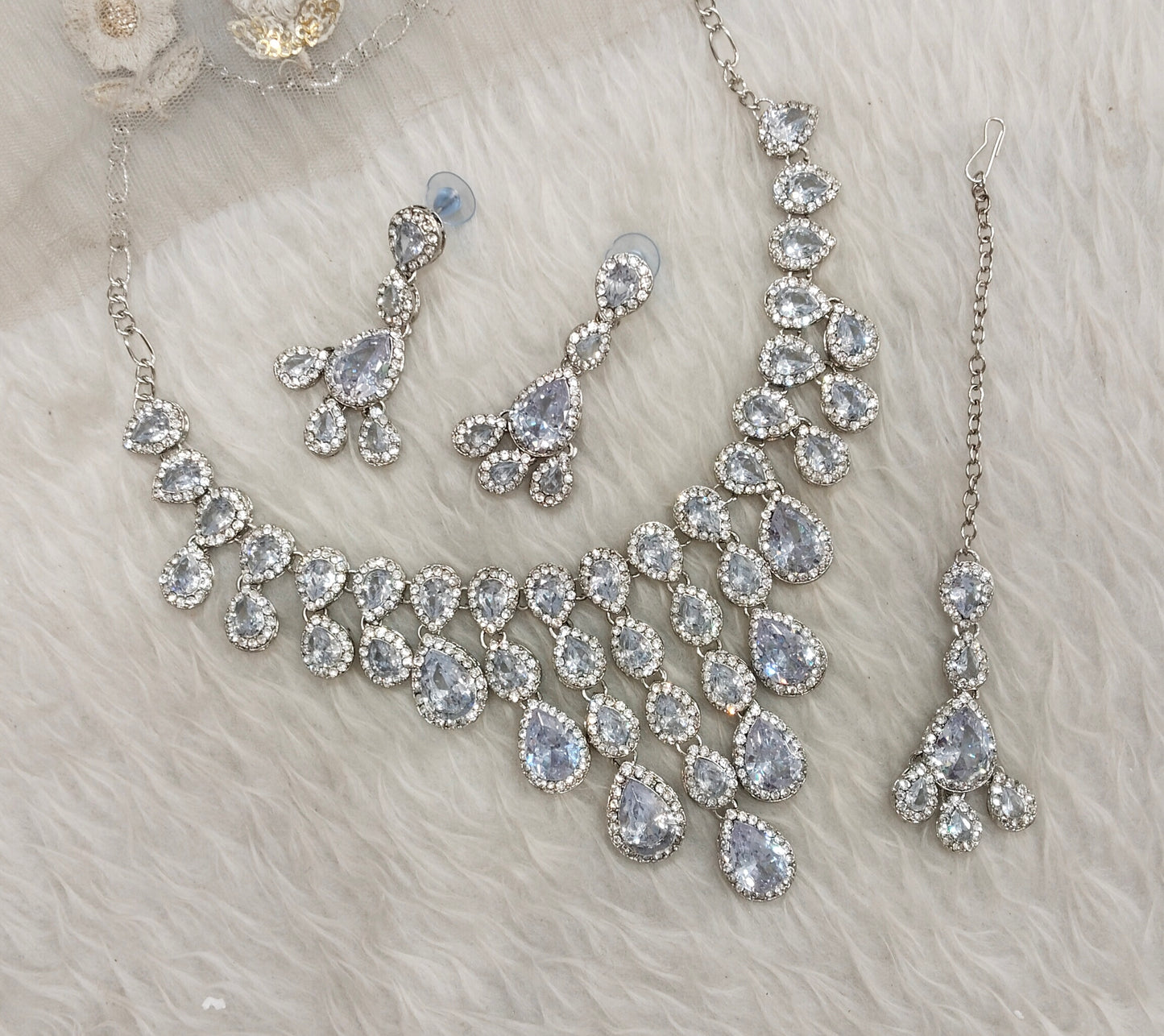White Silver Zircon Necklace Jewellery Shami Set