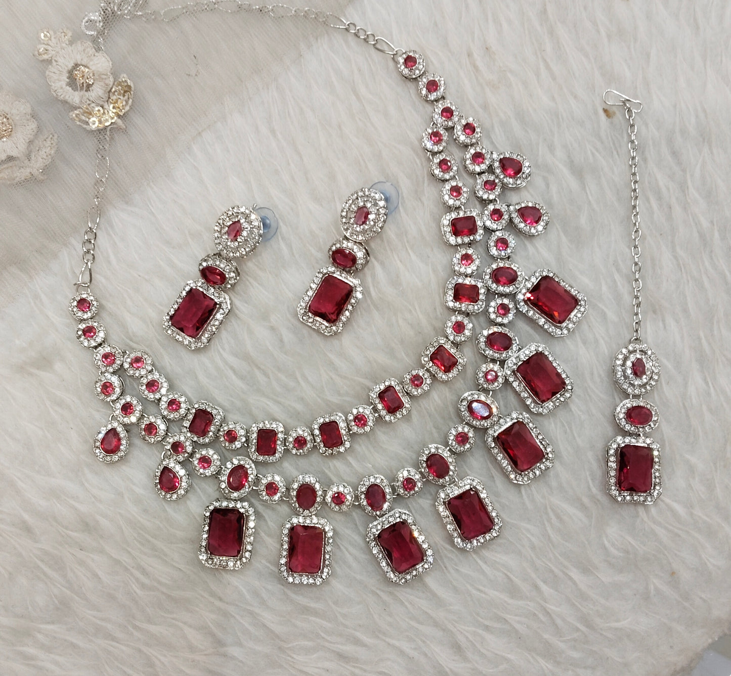 Ruby Silver Zircon Necklace Jewellery Siraj Set