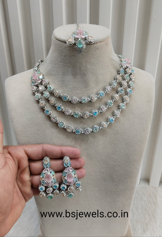 Multi Color Silver Zircon Necklace Jewellery Varun Set