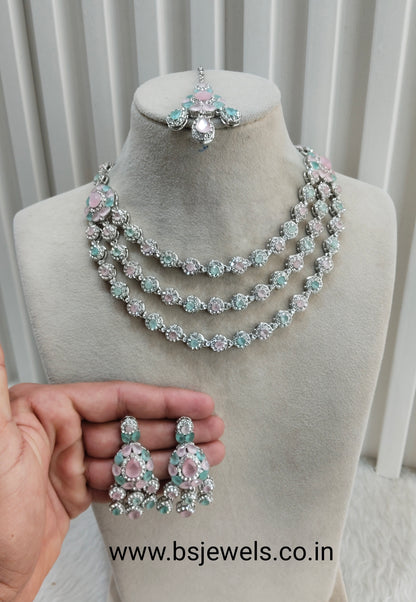 Mint Pink Silver Zircon Necklace Jewellery Varun Set