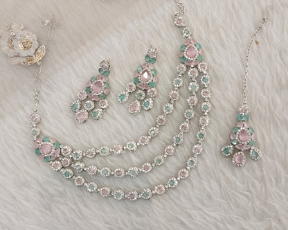 Mint Pink Silver Zircon Necklace Jewellery Varun Set