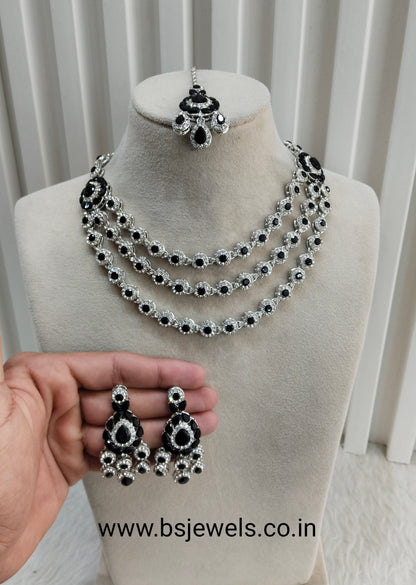 Black Silver Zircon Necklace Jewellery Varun Set