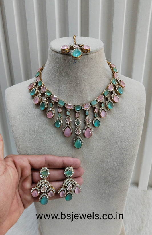 Mint Pink Antique Gold Zircon Necklace Jewellery Ekaksh Set