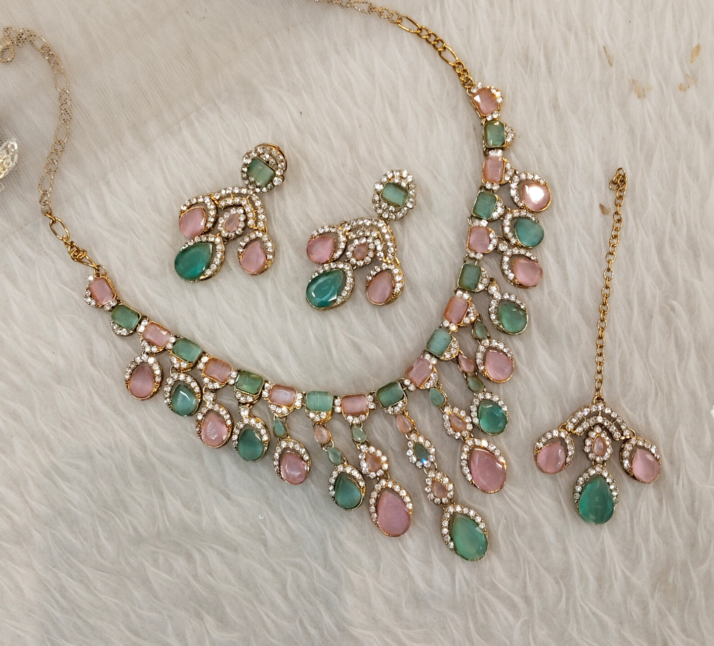Mint Pink Antique Gold Zircon Necklace Jewellery Ekaksh Set