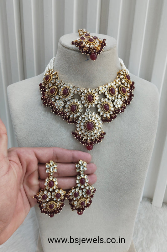 Maroon Gold Kundan Necklace Jewellery Ritika Set