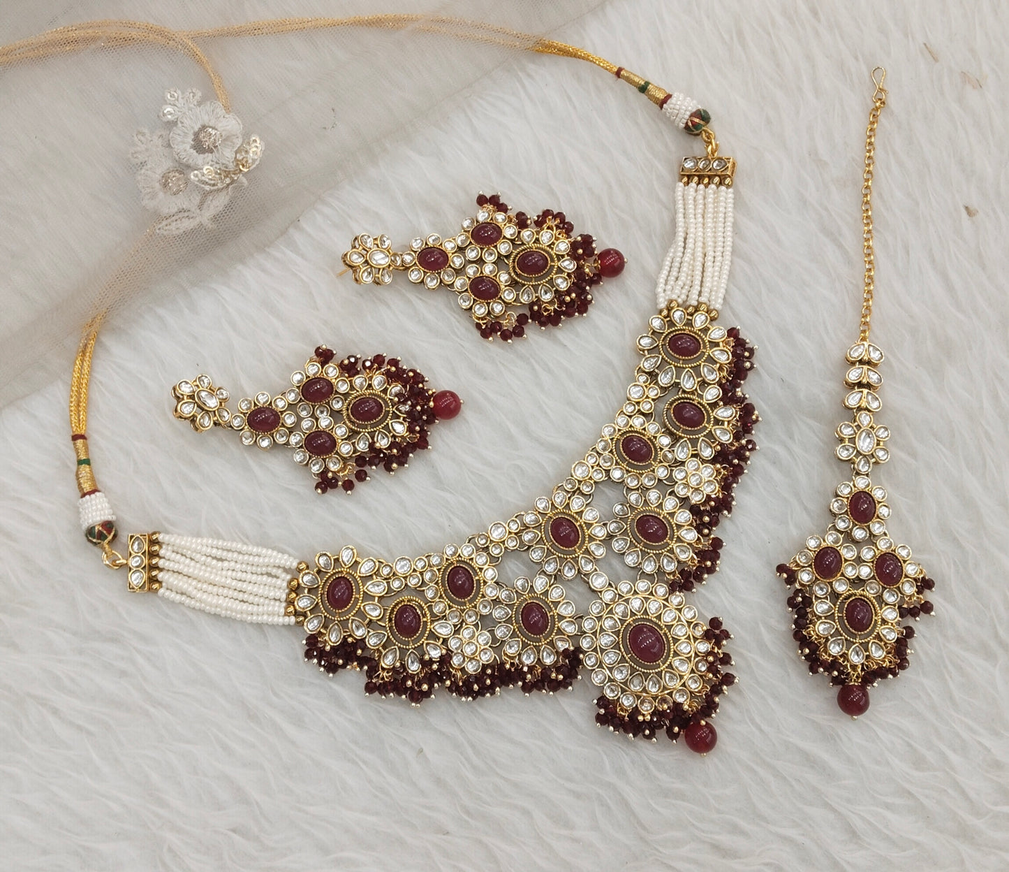 Maroon Gold Kundan Necklace Jewellery Ritika Set