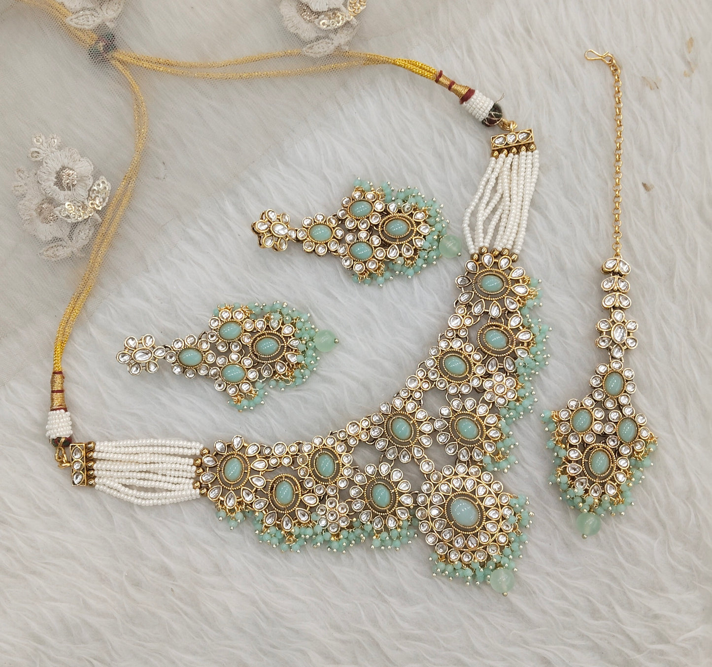 Pista Gold Kundan Necklace Jewellery Ritika Set