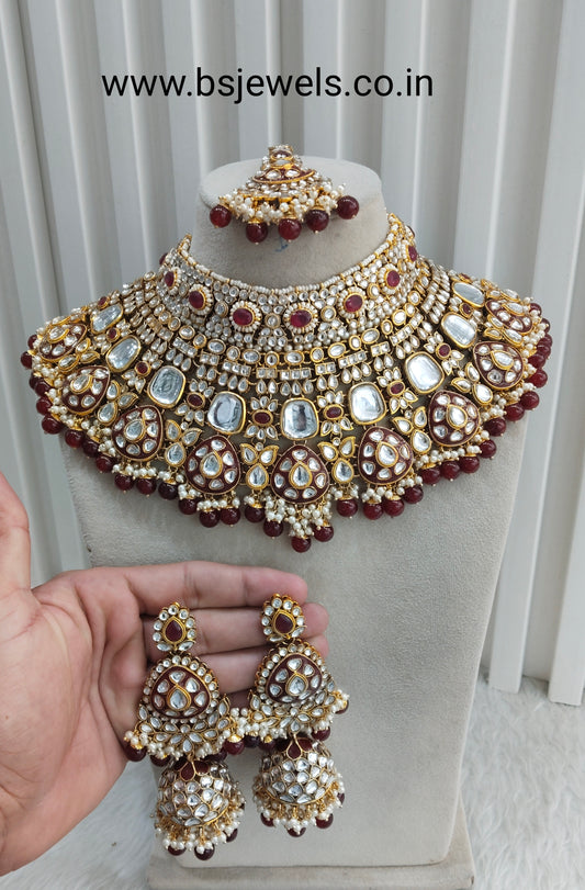 Maroon Gold Bridal Kundan Necklace Jewellery Raju Set