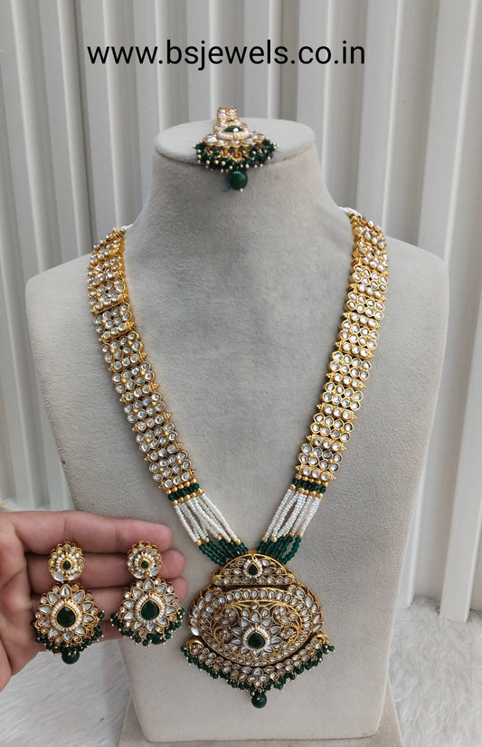 Green Gold Kundan Long Rani Haar Necklace Jewellery Rekha Set
