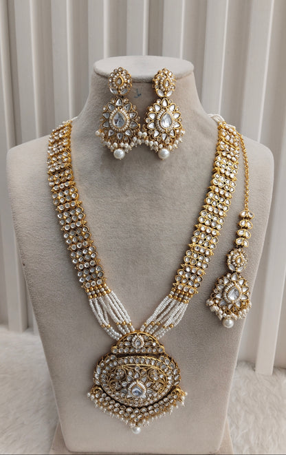 White Gold Kundan Long Rani Haar Necklace Jewellery Rekha Set