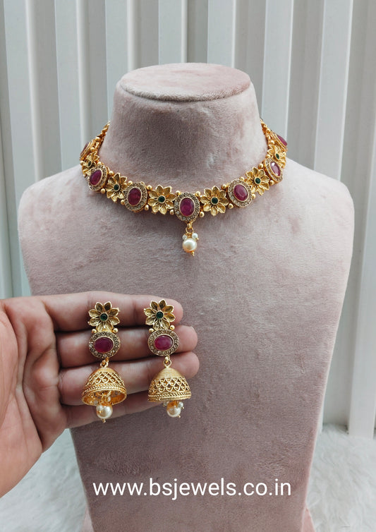 Ruby Green Gold Polki Necklace Jewellery Santer Set