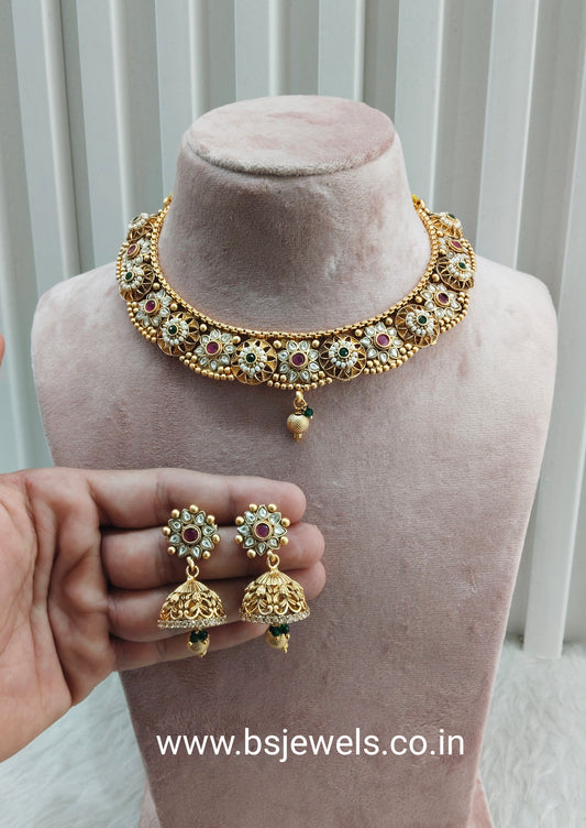 Ruby Green Gold Polki Necklace Jewellery Santer Set