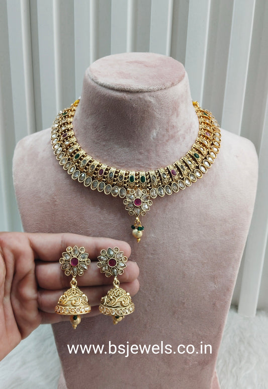 Ruby Green Gold Polki Necklace Jewellery Santer Set