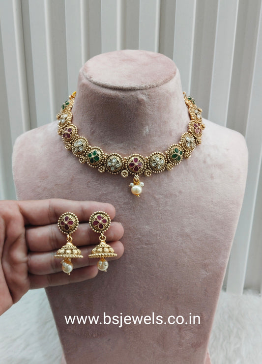 Ruby Green Gold Polki Necklace Jewellery Rashid Set
