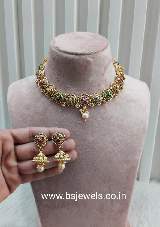 Ruby Green Gold Polki Necklace Jewellery Rashid Set