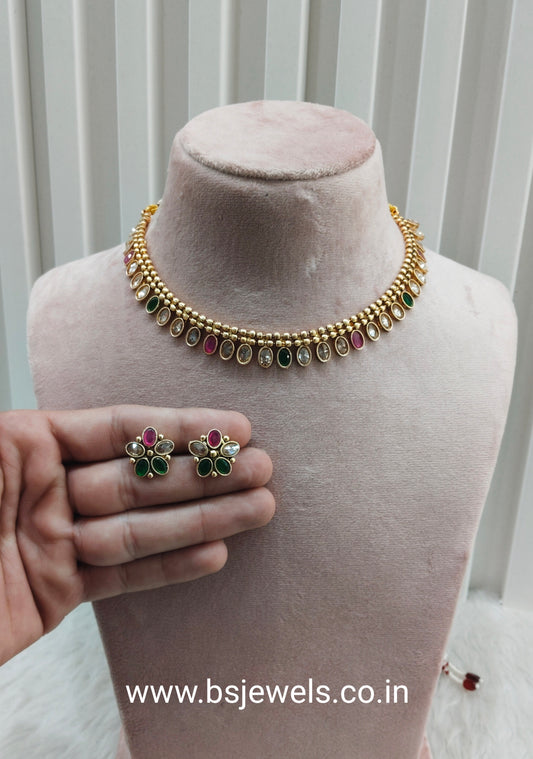 Ruby Green Gold Polki Necklace Jewellery Set
