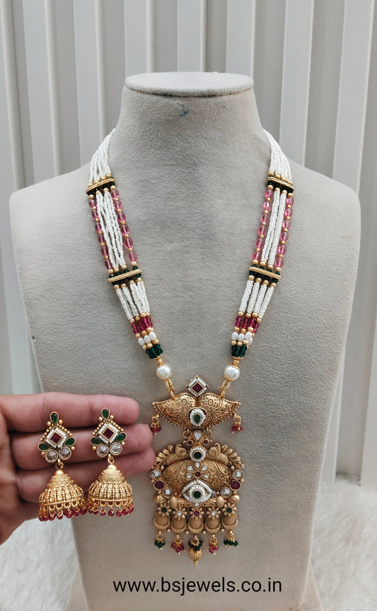 Ruby Green Gold Polki Long Rani Haar Necklace Jewellery Inder Set