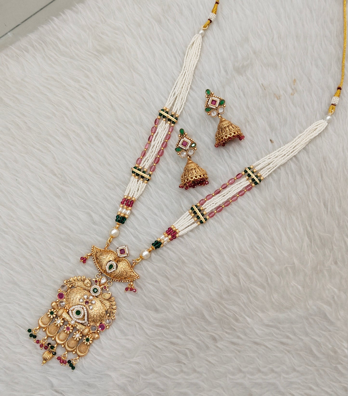 Ruby Green Gold Polki Long Rani Haar Necklace Jewellery Inder Set