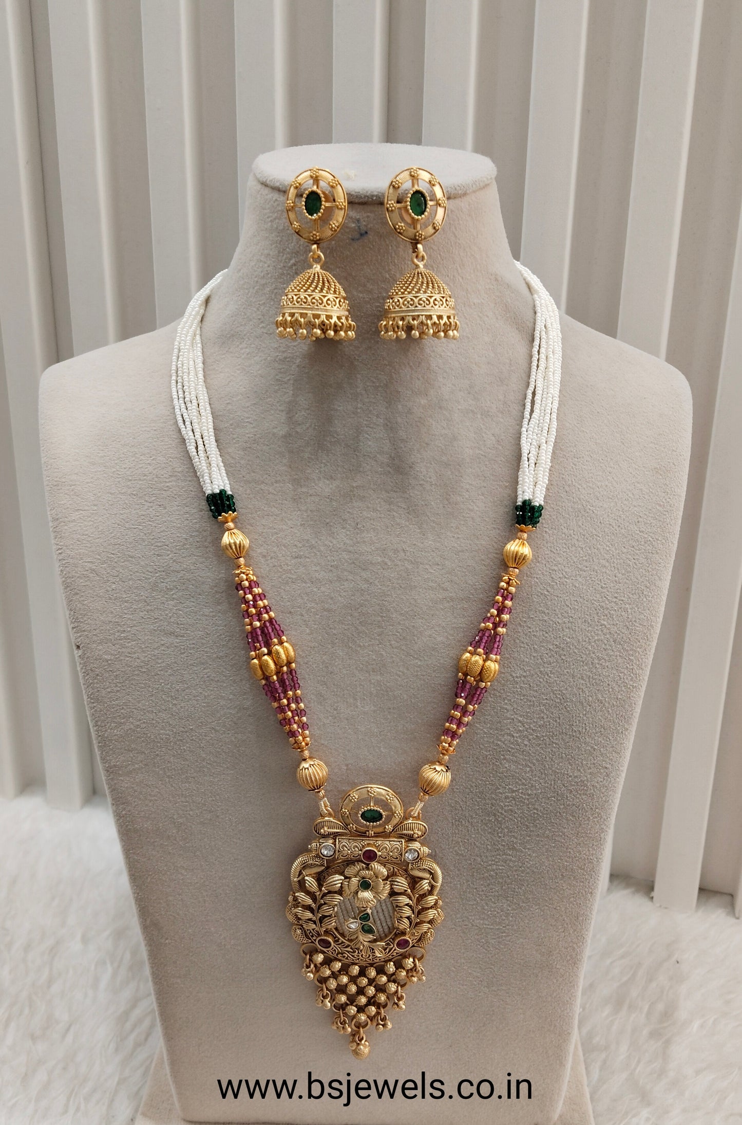 Ruby Green Gold Polki Long Rani Haar Necklace Jewellery Inder Set