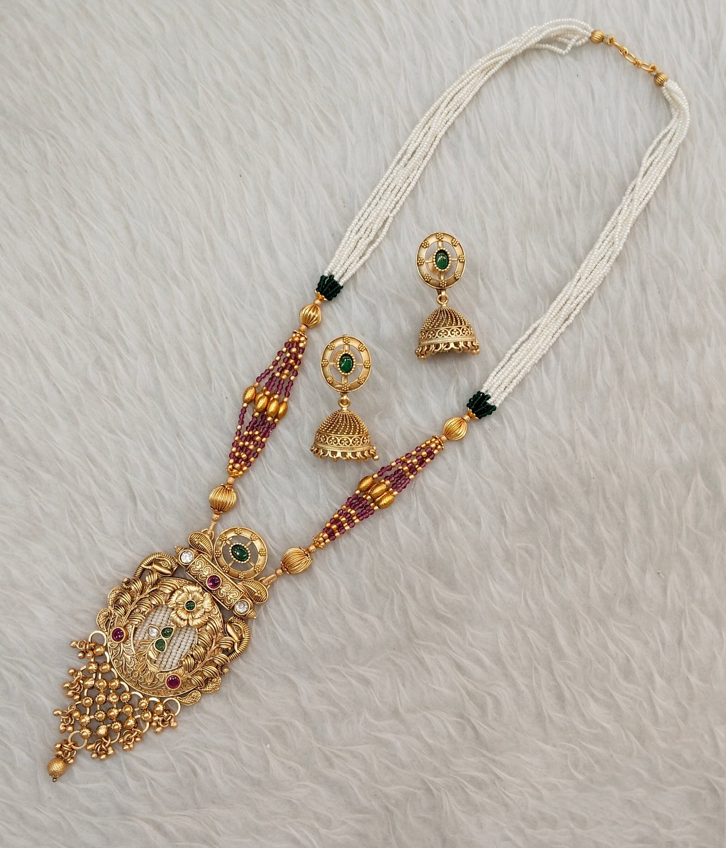 Ruby Green Gold Polki Long Rani Haar Necklace Jewellery Inder Set