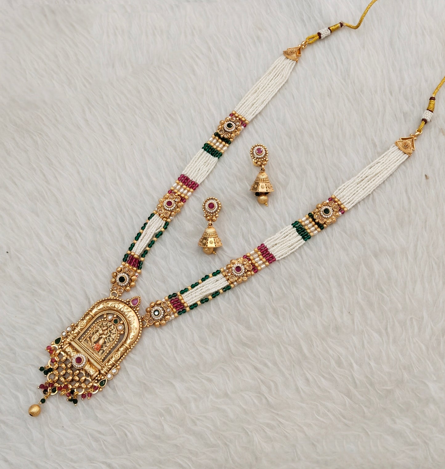Ruby Green Gold Polki Long Rani Haar Necklace Jewellery Inder Set