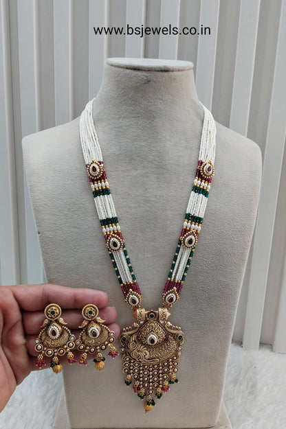Ruby Green Gold Polki Long Rani Haar Necklace Jewellery Inder Set