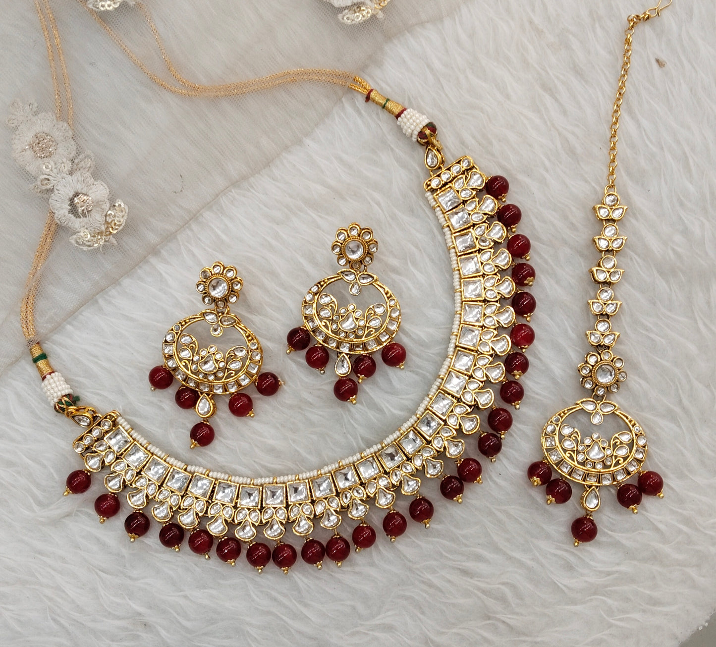 Maroon Gold Kundan Necklace Jewellery Jacks Set