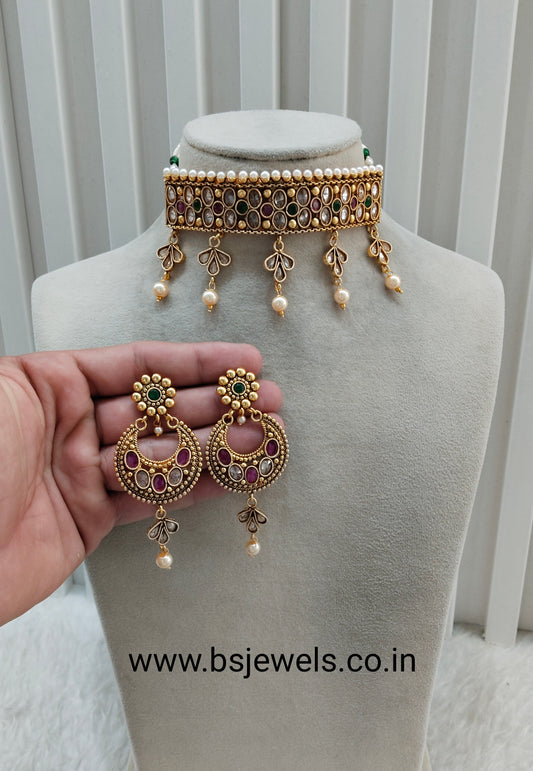 Ruby Green Gold Polki Choker Jewellery Smile Set