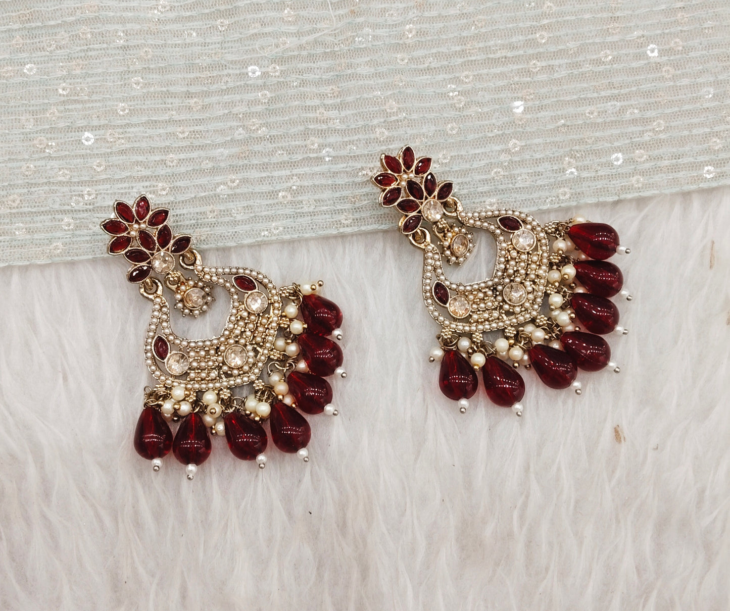 Maroon Antique Gold Bollywood Mukhmantri Earrings