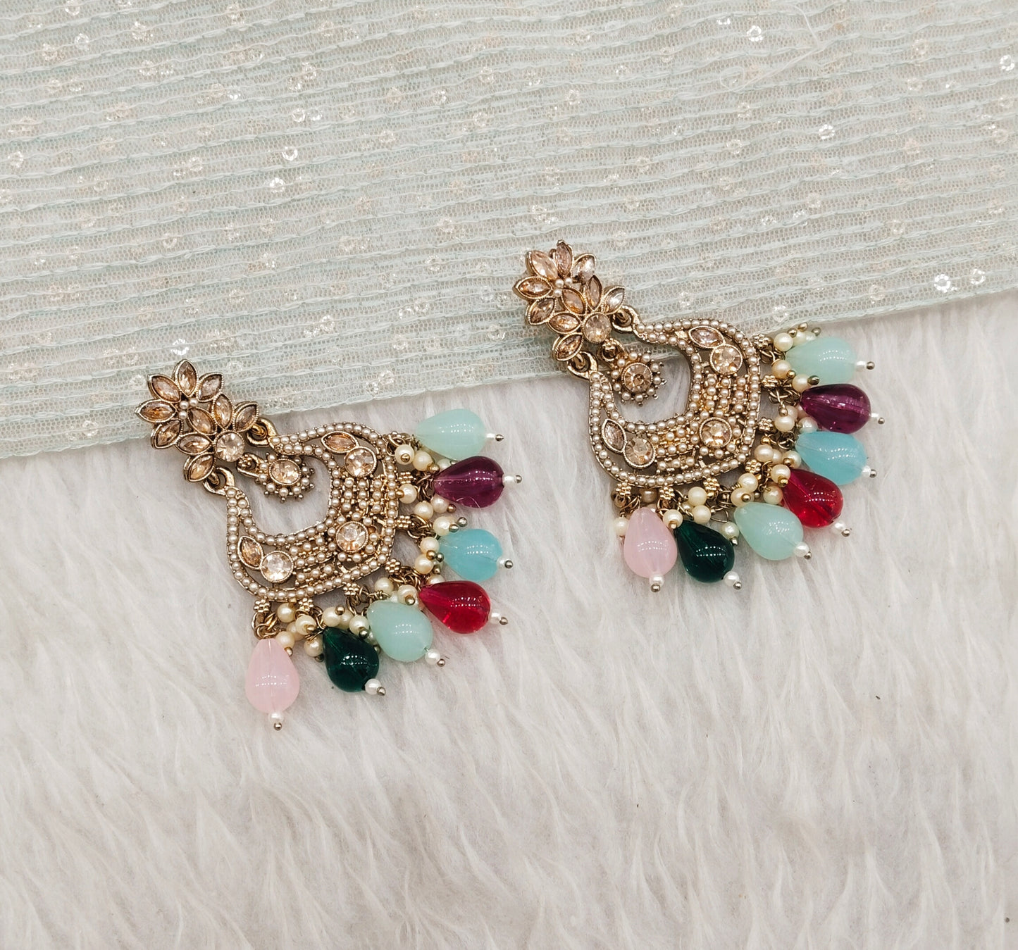 Multi Color Antique Gold Bollywood Mukhmantri Earrings