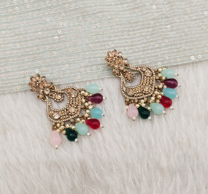 Multi Color Antique Gold Bollywood Mukhmantri Earrings