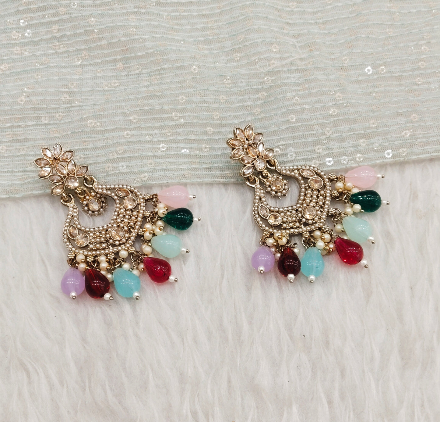 Multi Color Antique Gold Bollywood Mukhmantri Earrings