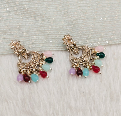 Multi Color Antique Gold Bollywood Mukhmantri Earrings