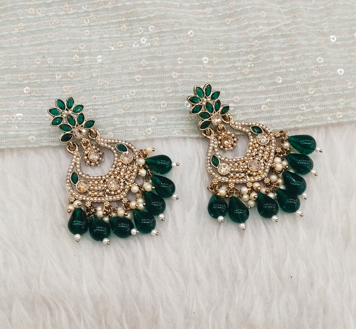 Green Antique Gold Bollywood Mukhmantri Earrings