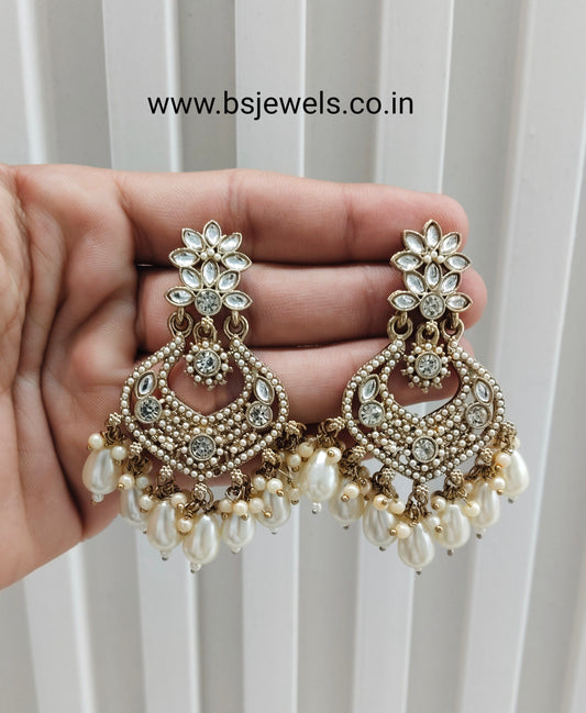 White Antique Gold Bollywood Mukhmantri Earrings
