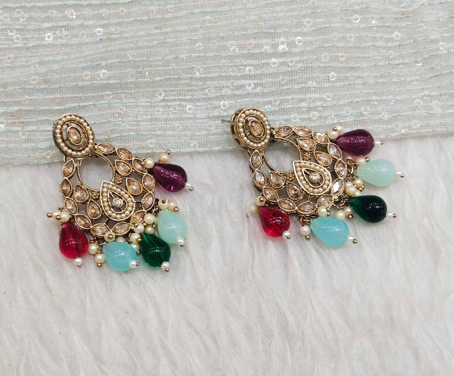 Multi Color Antique Gold Bollywood Kane Earrings