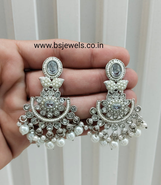 Silver White Bollywood Maan Earrings