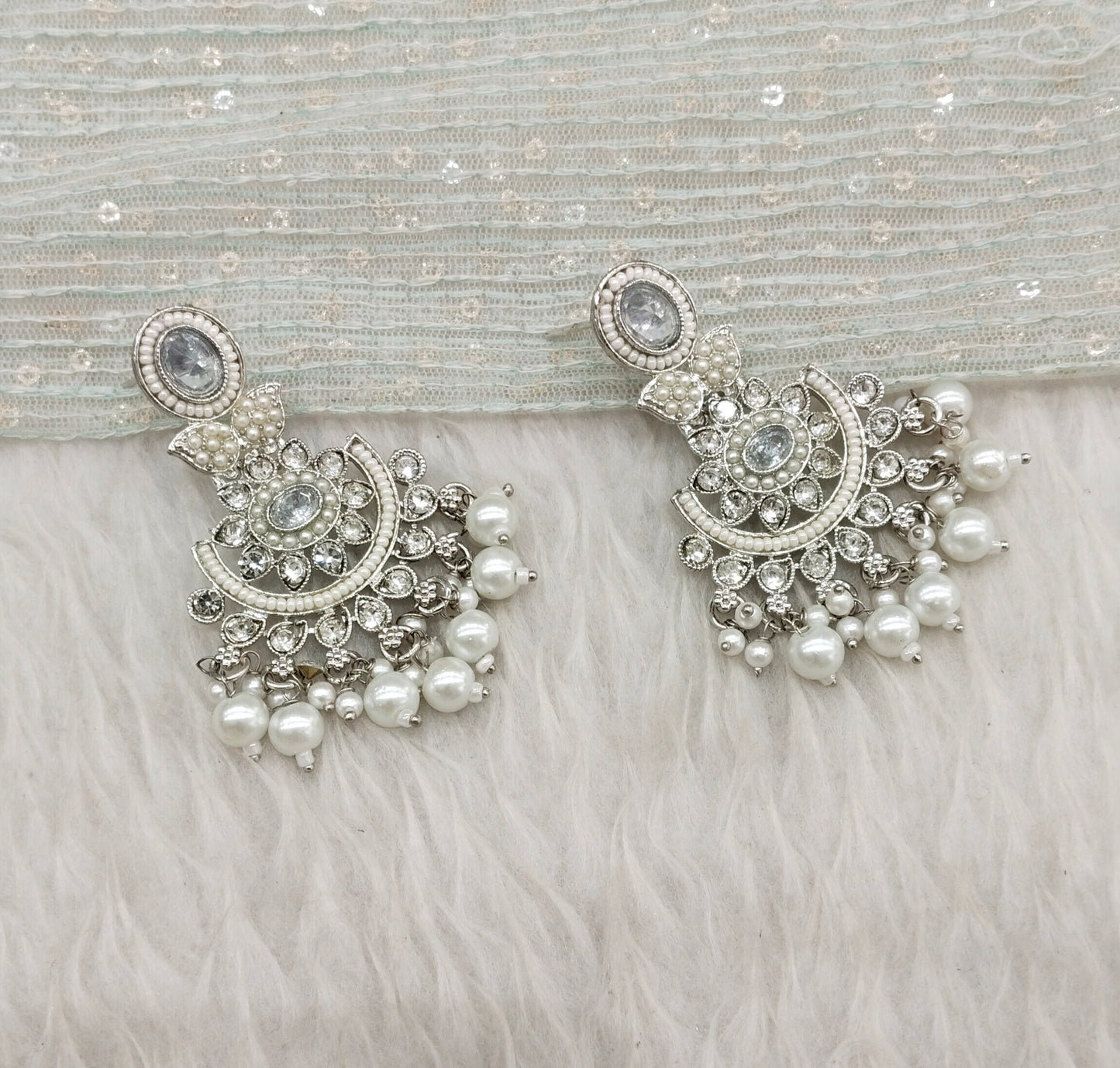 Silver White Bollywood Maan Earrings